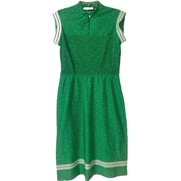 Vintage 70’s Haypence “for Fashion Cents” Midi Green & White Polka Dot Dress J6 - Picture 1 of 11
